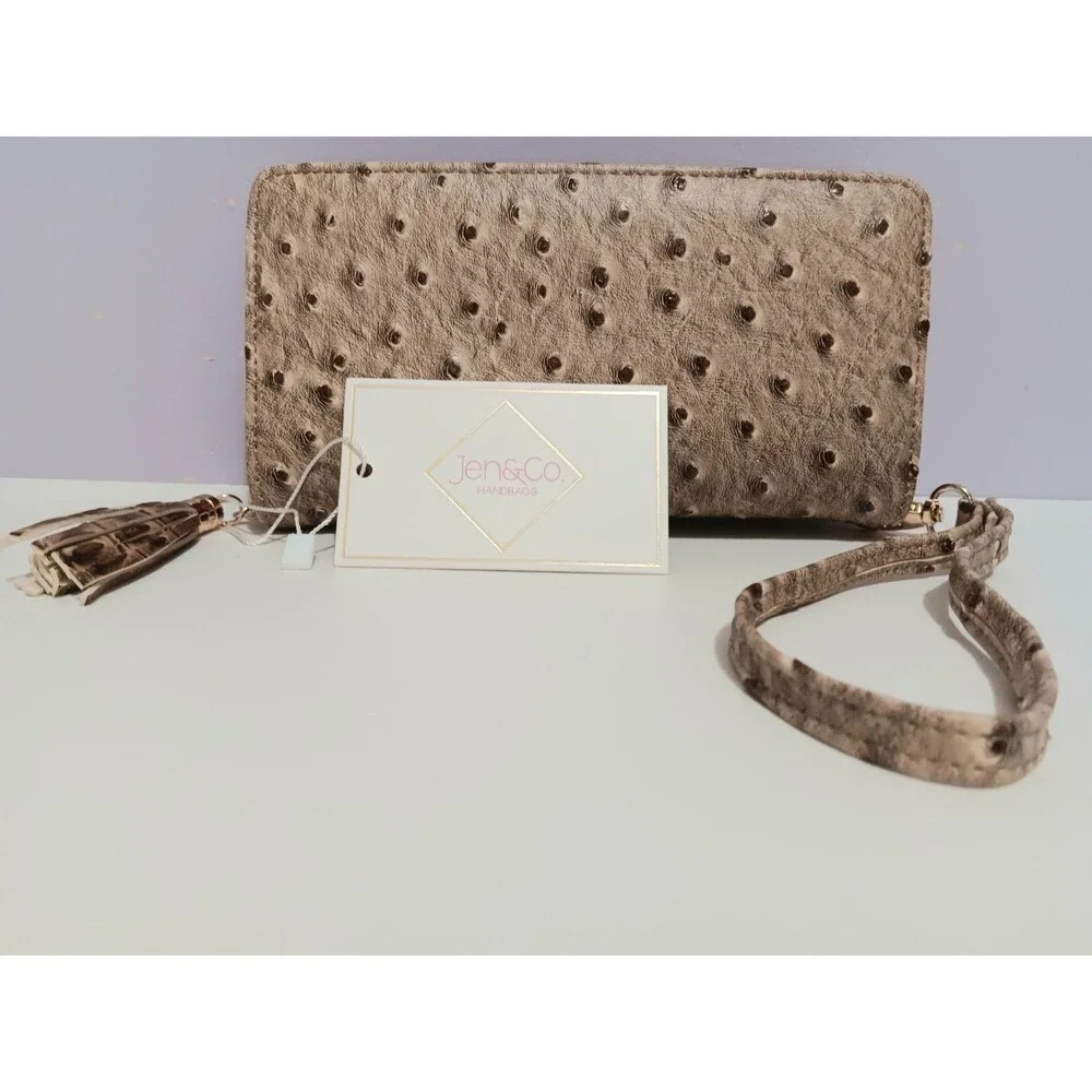 Jen & Co Nwt Tan Vegan Ostrich Leather Clutch Wristlet Wallet 7